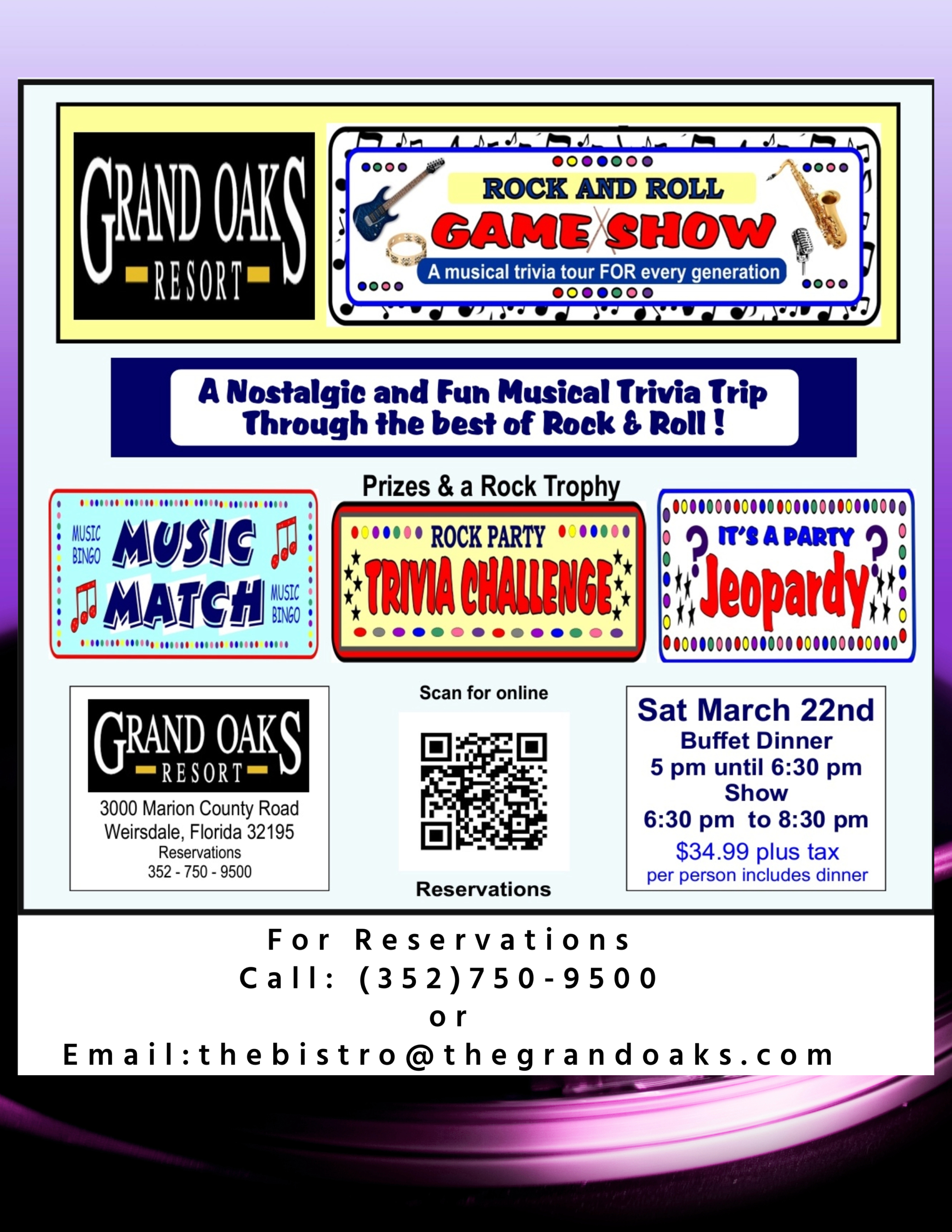 Rock & Roll Game Show Trivia Night, Happening in The Oak Room at the Grand Oaks Resort. Saturday, March 22