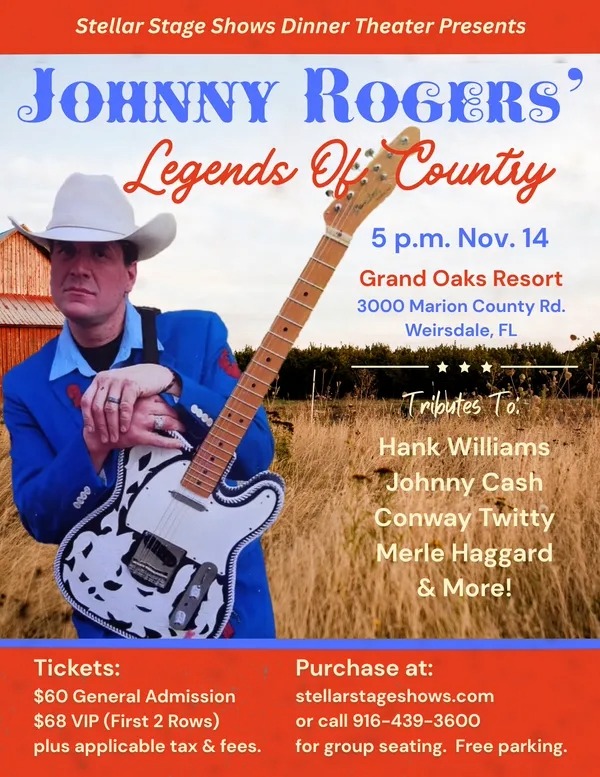 Johnny Rogers' “Legends of Country Music” is a tribute to the music of, Hank Williams, Johnny Cash, Conway Twitty, Ray Price, Willie Nelson, Elvis Presley, George Strait, George Jones, Marty Robbins, Merle Haggard, Waylon Jennings, and many more.